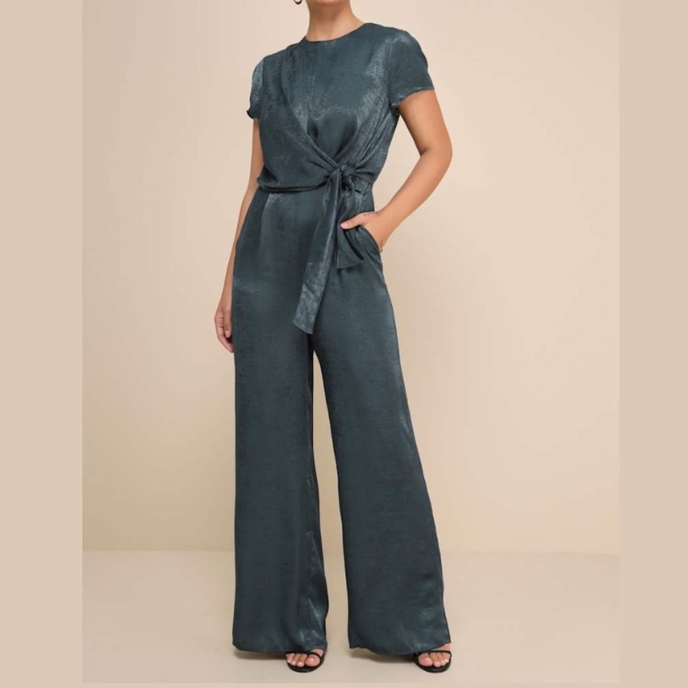 Lulus Let Me Entertain You Dark Green Satin Wide-Leg
Jumpsuit